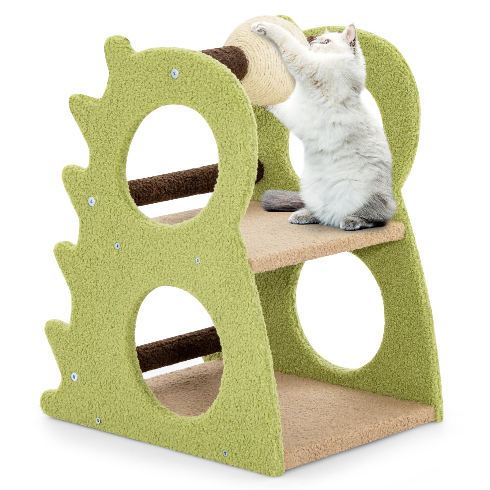 Arbre à chat Tangkula mignon, tour à chat en forme de dinosaure avec boule à griffer en sisal rotative (Vert)